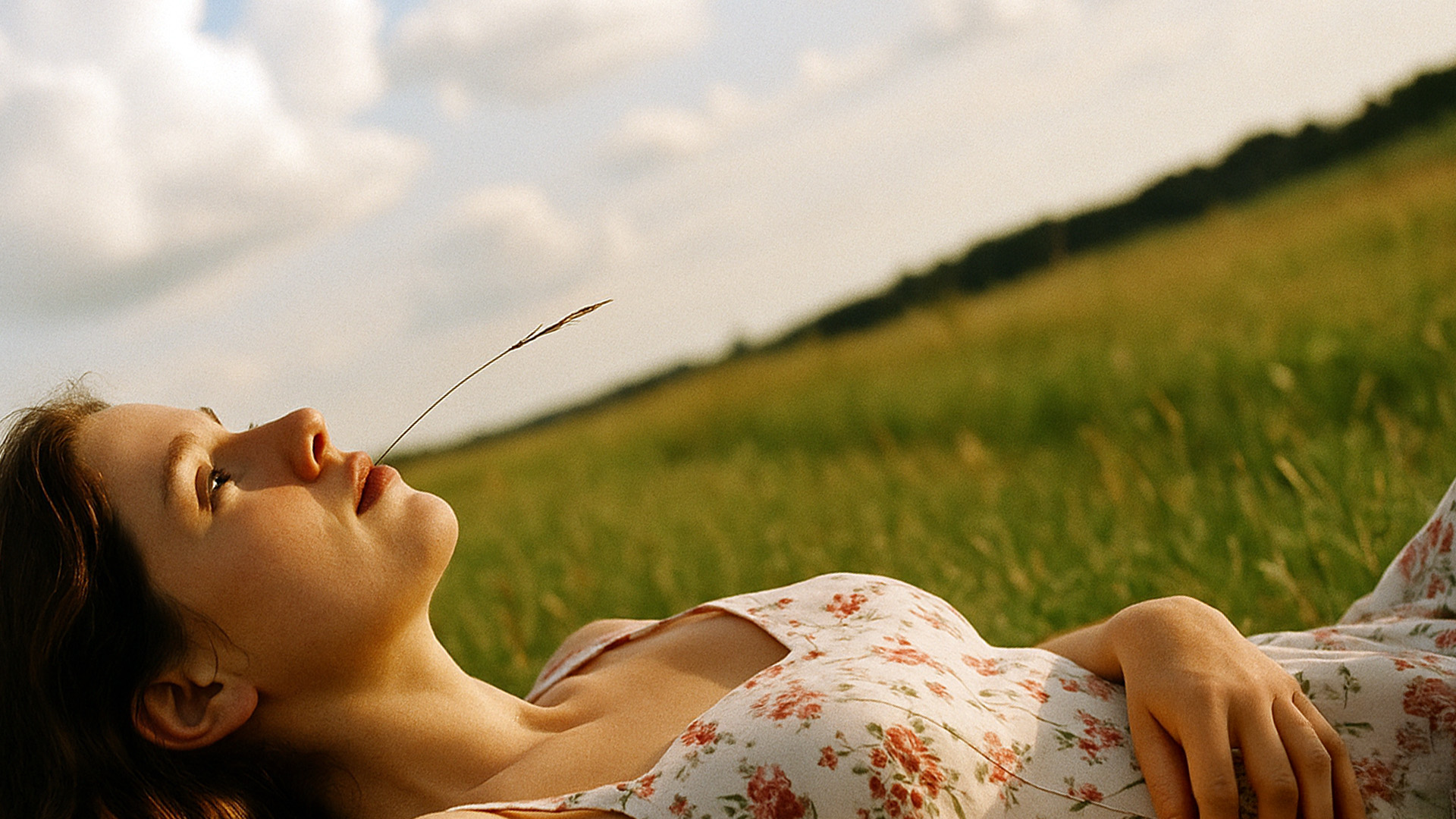Foto van vrouw in zomers landschap met grashalm in mond